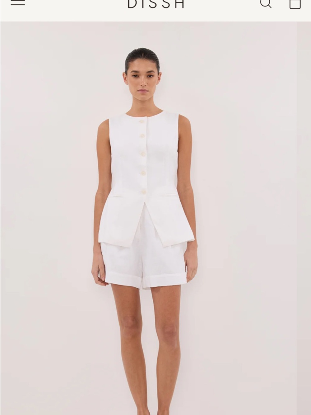 DISSH Alessia White Linen Vest Button Down Top with Belt